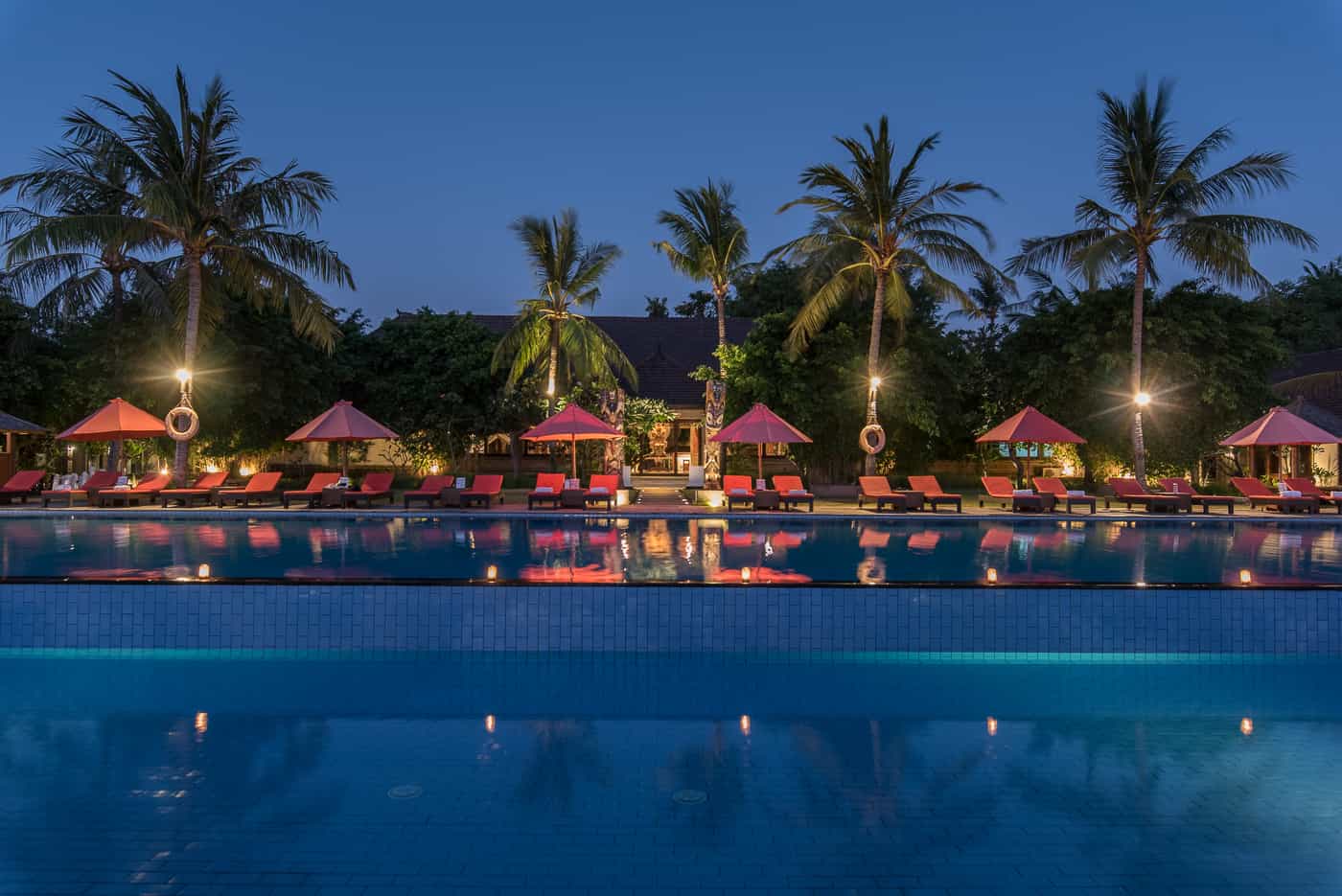 Nightime pool shot at Hotel Ombal Sunset in Gili Trawangan Island of Lombok Indonesia